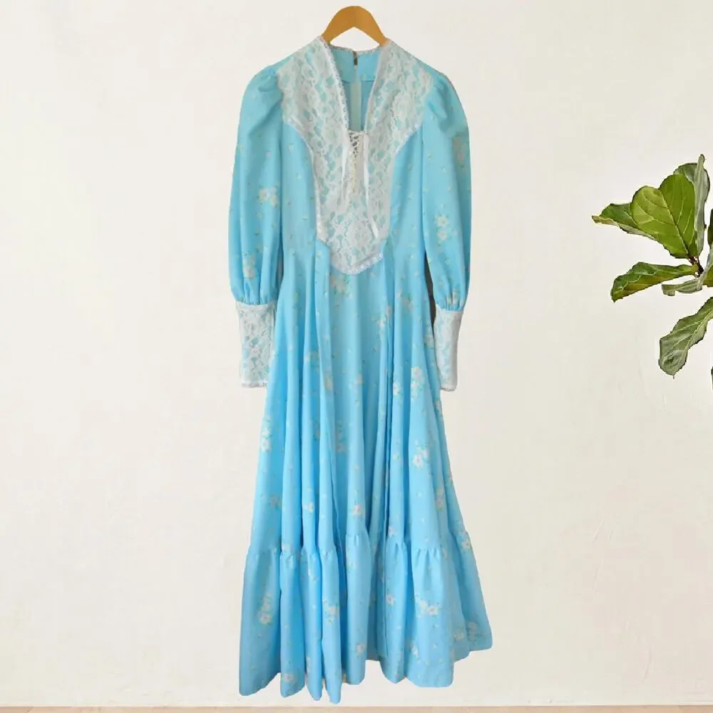 Vintage 70s Blue Prairie Maxi Dress Gunne Sax Style XS Lace Up Cottagecore Boho - Picture 7 of 11